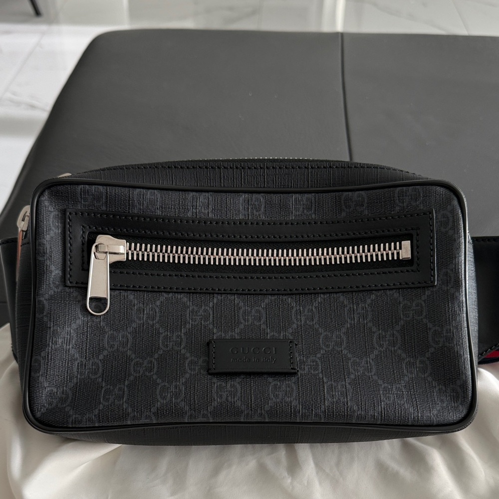 Gucci Black Monogram Belt Bag -Blue and Red Strap - Unisex-Like New